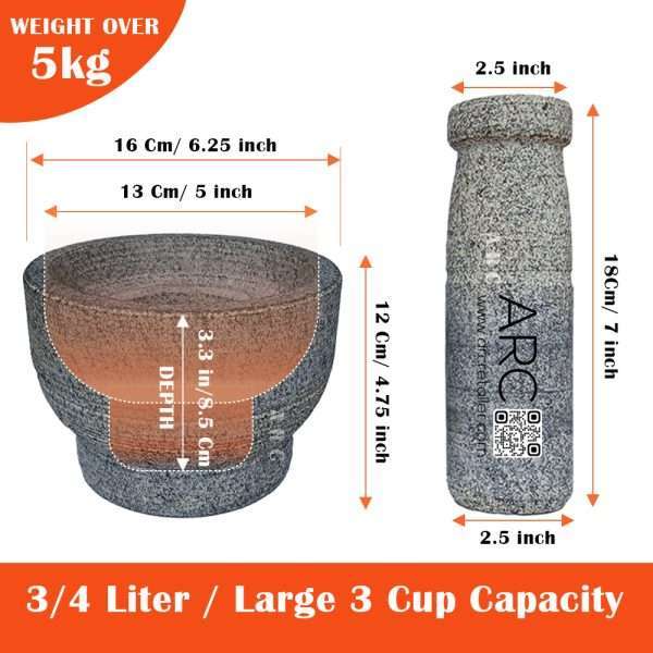 Natural Granite Stone Mortar and Pestle Set for Spices / Imam Dasta / Kharal / Ohkli Musal / Spice Grinder / Idi Kallu / Idi Kal / Khalbatta / Ural / Rokali Banda / Kutni / Ural Kharad (6.5” Inch Dia) - Image 3