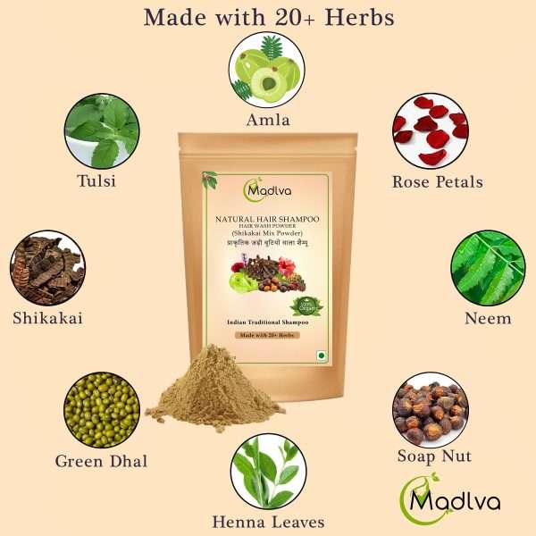 Madlva Natural Herbal Shampoo Powder - 100% Natural with Amla, Reetha, Shikakai & 20+ Ayurvedic Herbs | Nourishing & Chemical-Free Formula for Men & Women | 200g - Image 4