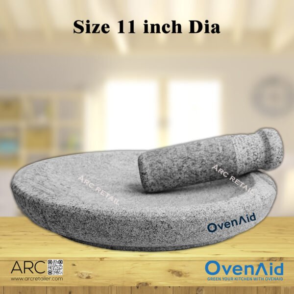 Premium Natural Circular Stone Mortar and Pestle – Best Kalvam, Masher, Khalbatta, Mortero de Piedra Molcajete | OvenAid | 9" and 12" inches Dia - Image 4