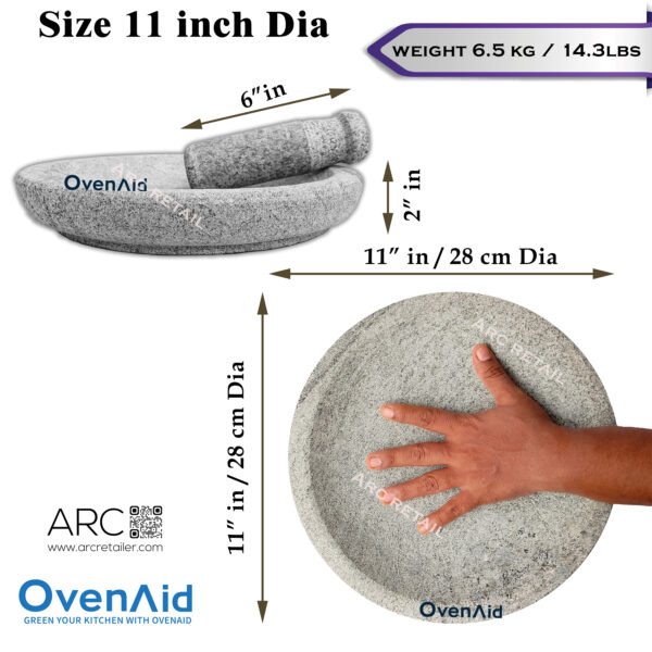 Premium Natural Circular Stone Mortar and Pestle – Best Kalvam, Masher, Khalbatta, Mortero de Piedra Molcajete | OvenAid | 9" and 12" inches Dia - Image 2
