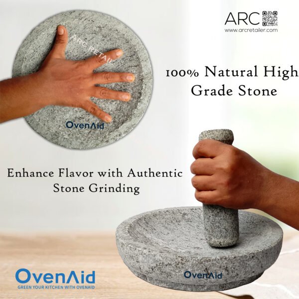 Premium Natural Circular Stone Mortar and Pestle – Best Kalvam, Masher, Khalbatta, Mortero de Piedra Molcajete | OvenAid | 9" and 12" inches Dia - Image 7