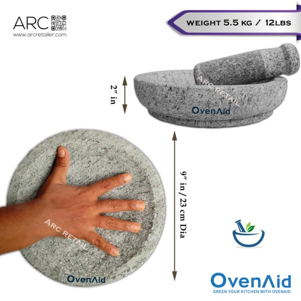 Premium Natural Circular Stone Mortar and Pestle – Best Kalvam, Masher, Khalbatta, Mortero de Piedra Molcajete | OvenAid | 9" and 12" inches Dia - Image 6